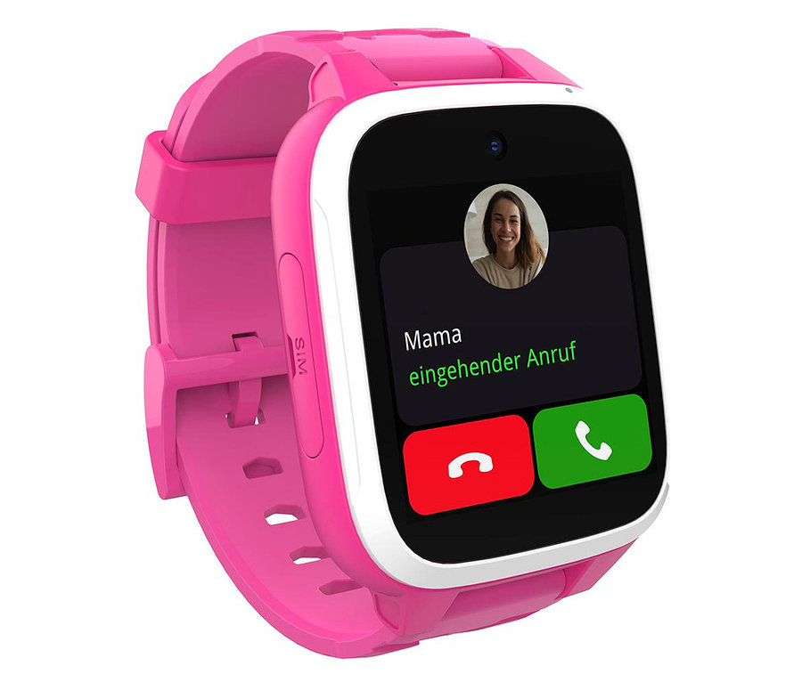 Nahaufnahme einer rosa Kinderuhr Xplora XGO3, auf deren Bildschirm ein eingehender Anruf von Mama angezeigt wird.