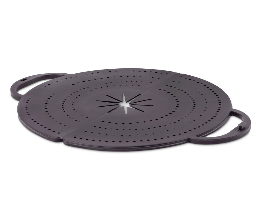 Grauer, runder Spritzschutz mit Löchern und Griffen auf weißem Hintergrund.