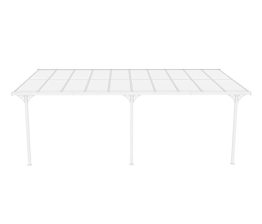 Weisse Terrassenüberdachung, Breite ca. 617 cm.