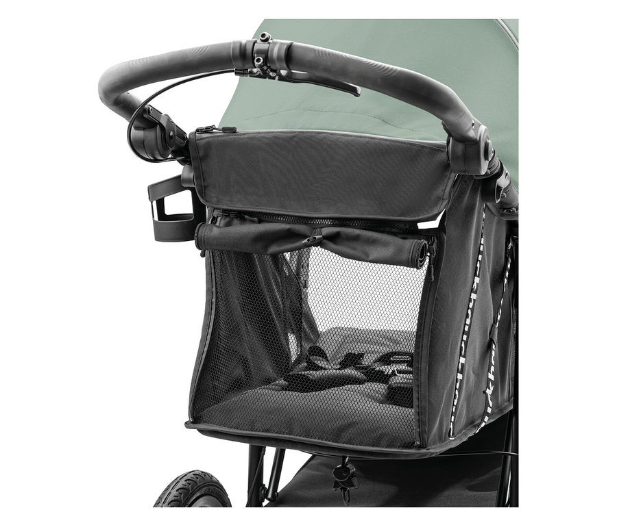 Nahaufnahme eines Kinderwagens mit schwarzem Aufbewahrungskorb und Getränkehalter.