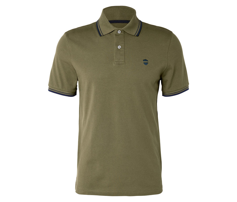 Olivfarbenes Poloshirt mit dunkelblauen Akzenten an Kragen und Ärmeln.
