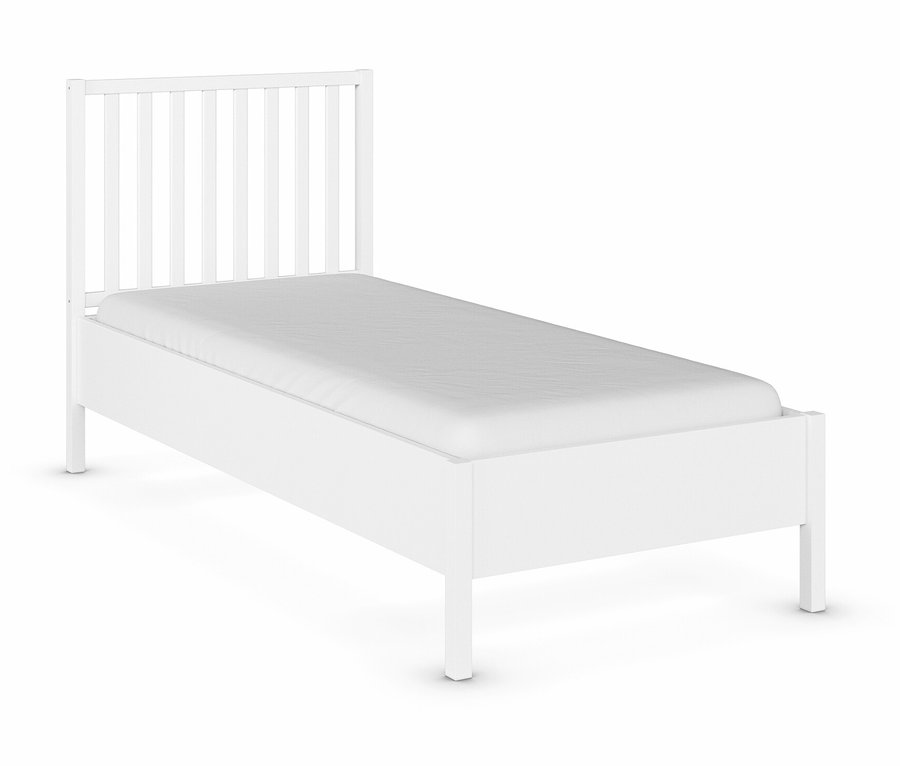 Weißes Einzelbett mit Lattenrost und Matratze auf weißem Hintergrund.