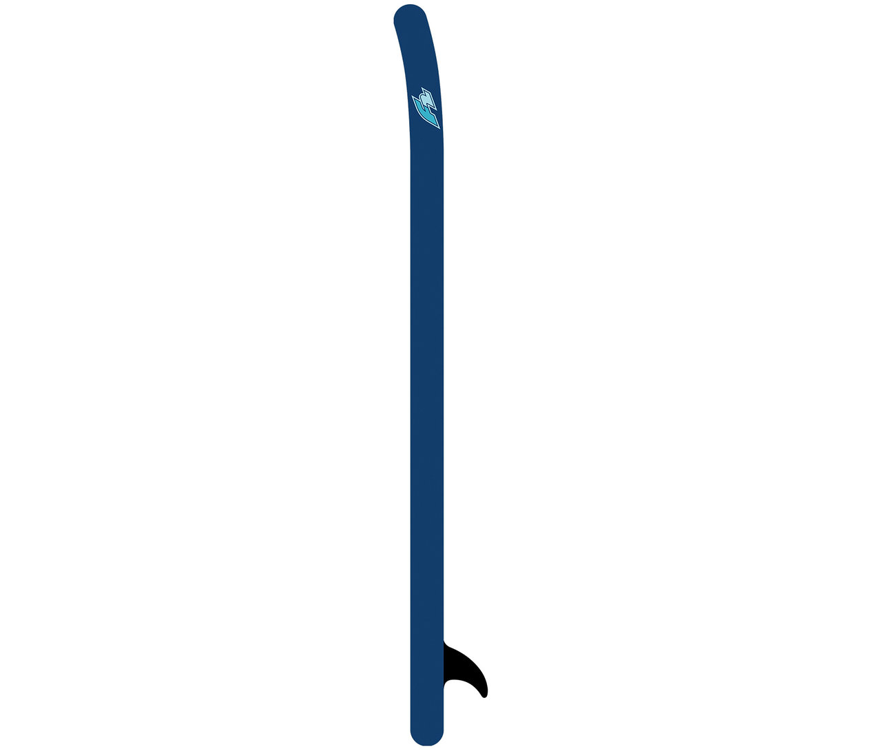 Blaues F2 SUP Board »Drive«, klein, steht aufrecht mit einer schwarzen Finne am unteren Ende.