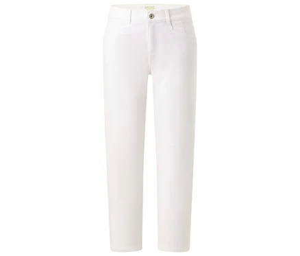 Weiße, knöchellange Jeanshose mit Taschen und Knopfverschluss.