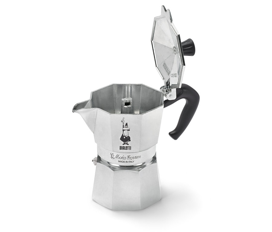 Geöffneter, silberfarbener Espressokocher von Bialetti steht auf einem weißen Hintergrund.