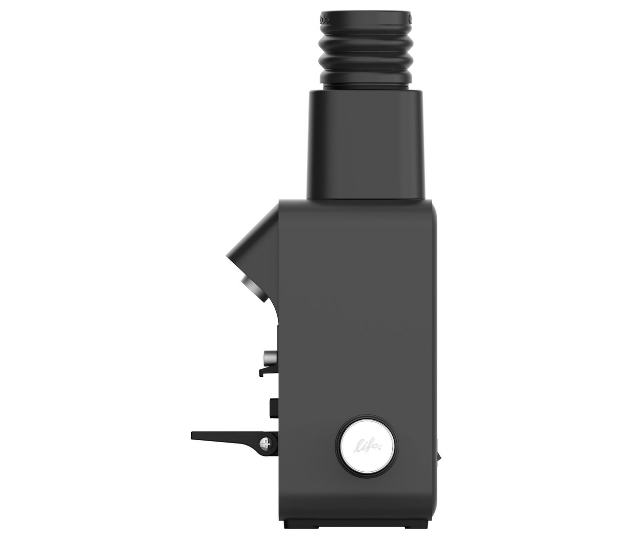 Schwarze Kaffeemühle von der Seite.