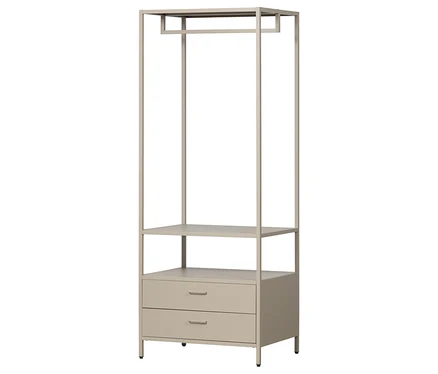 Beiger Kleiderschrank mit zwei Schubladen, einem Regal und einer Kleiderstange.