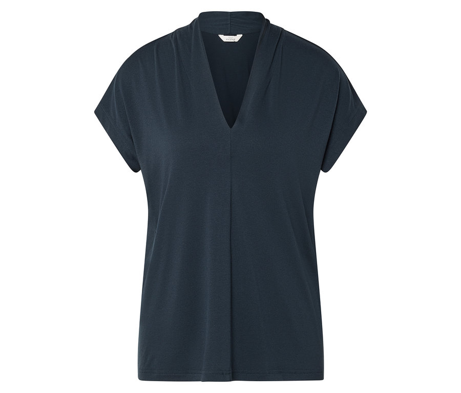 Dunkelblaues T-Shirt mit V-Ausschnitt.