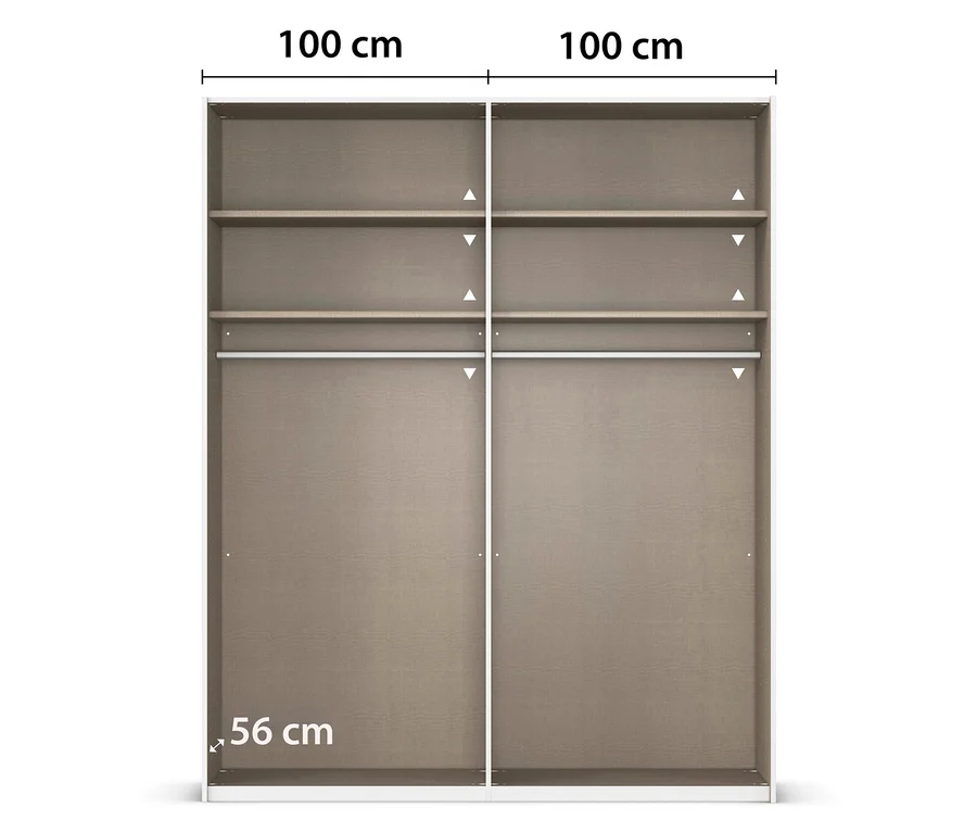 Draufsicht auf einen Schrank mit zwei Schiebetüren, der 100 cm breit und 56 cm tief ist.