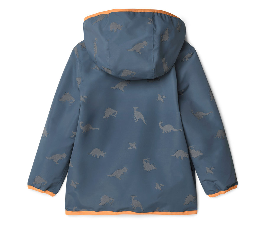 Blau-graue Jacke mit Kapuze und Dinosaurier-Muster, orangefarbene Säume an Kapuze, Ärmeln und Saum.