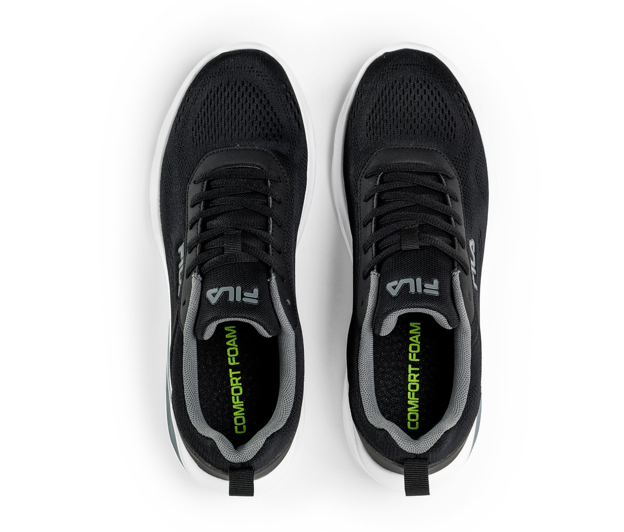 Zwei schwarze FILA Specctris Herren-Sneaker mit weißer Sohle und grauer Innensohle, von oben gesehen.