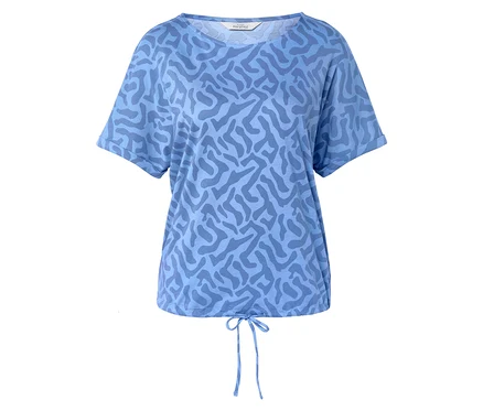 Hellblaues T-Shirt mit blauem Muster und Kordelzug am Saum.