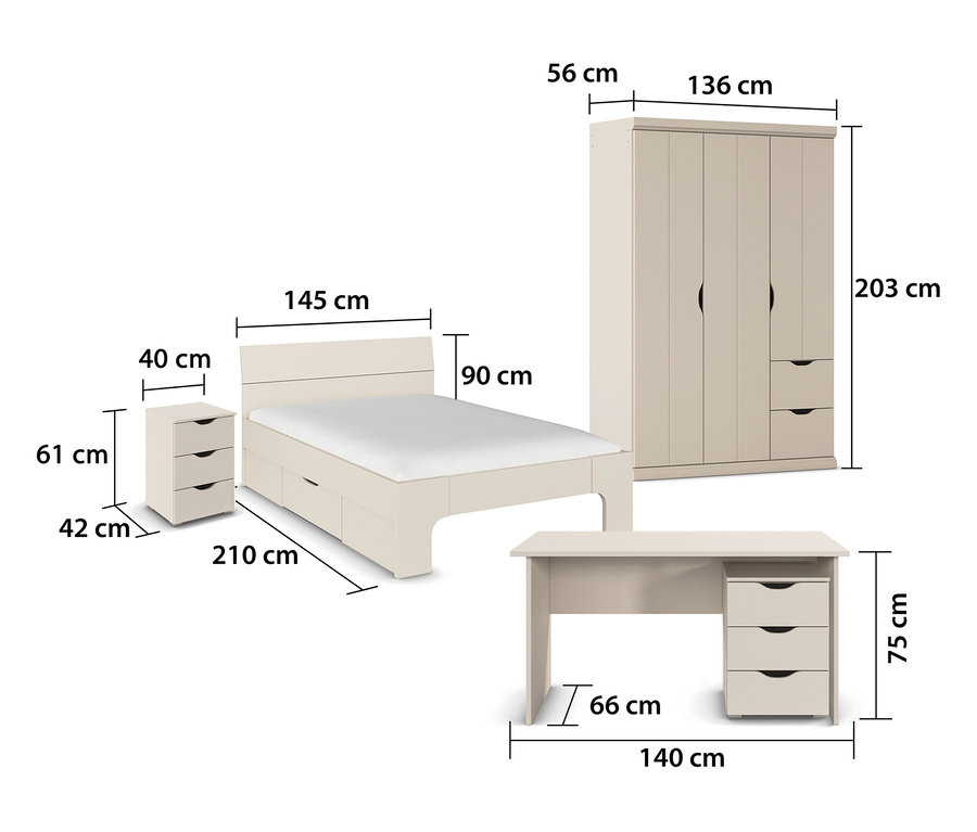 rauch Set »Frieda« mit Bett, Nachttisch, 3-türigem Kleiderschrank und Schreibtisch, beige/champagner mit Maßangaben.