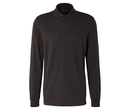 Dunkelbraunes, langärmeliges Poloshirt mit drei Knöpfen vor einem weißen Hintergrund.