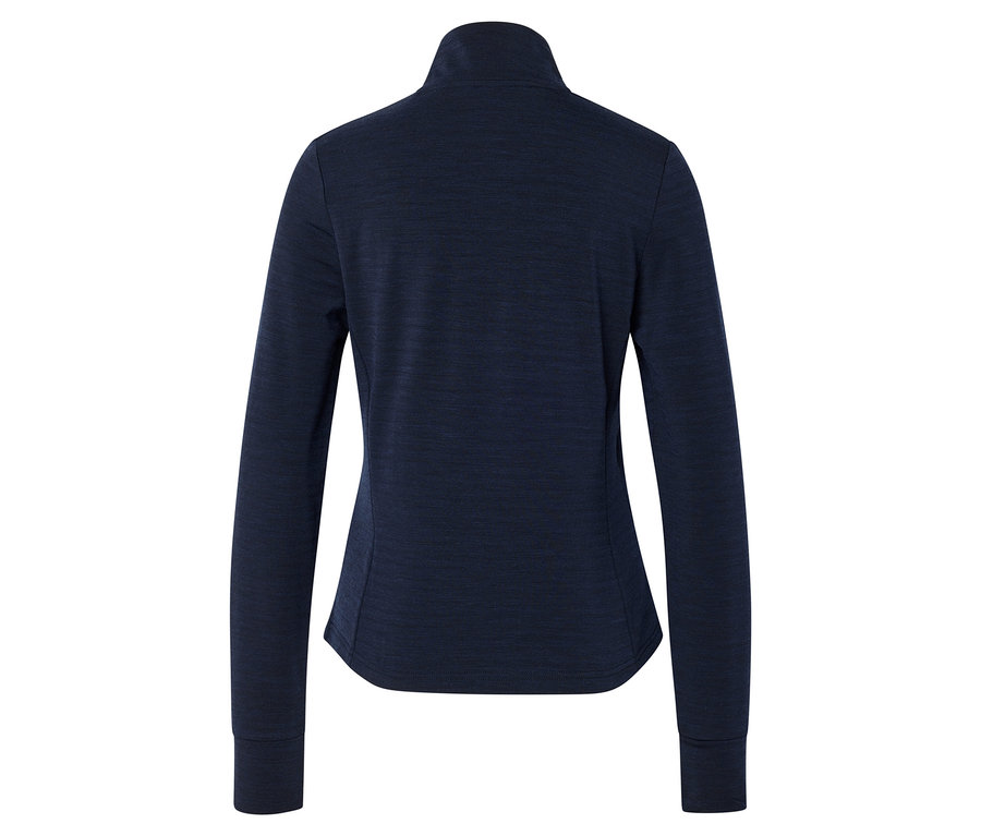 Rückansicht einer marineblauen Jacke mit durchgehendem Reißverschluss und langen Ärmeln vor einem weißen Hintergrund.