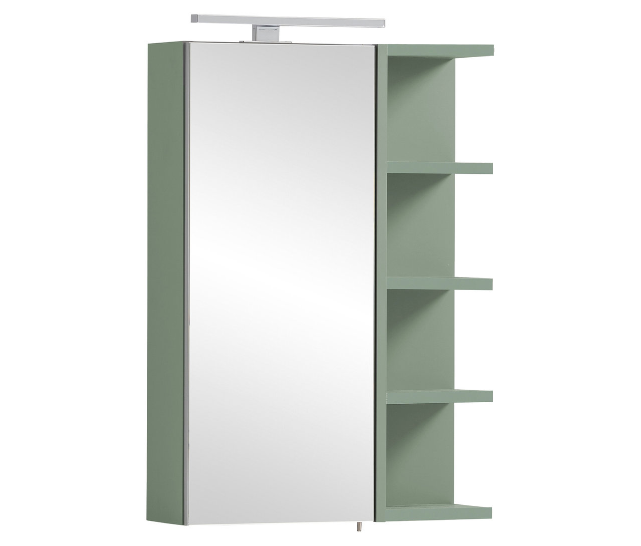 Ein grüner Spiegelschrank mit offenen Regalen an der Seite hängt an einer weißen Wand.