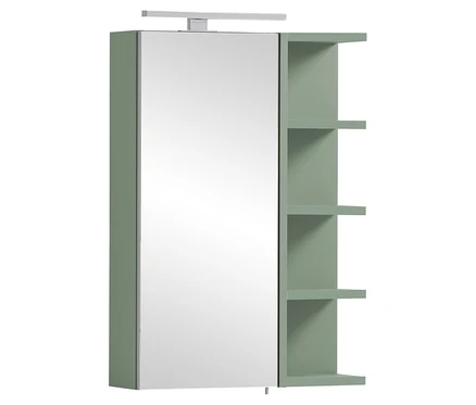 Ein grüner Spiegelschrank mit offenen Regalen an der Seite hängt an einer weißen Wand.