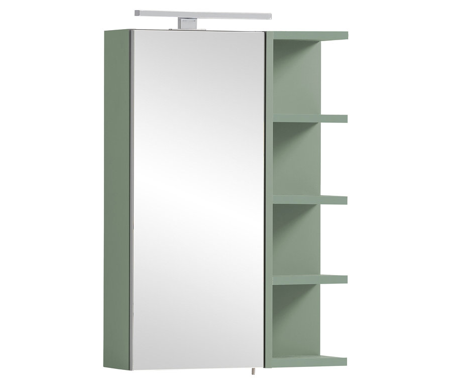 Ein grüner Spiegelschrank mit offenen Regalen an der Seite hängt an einer weißen Wand.