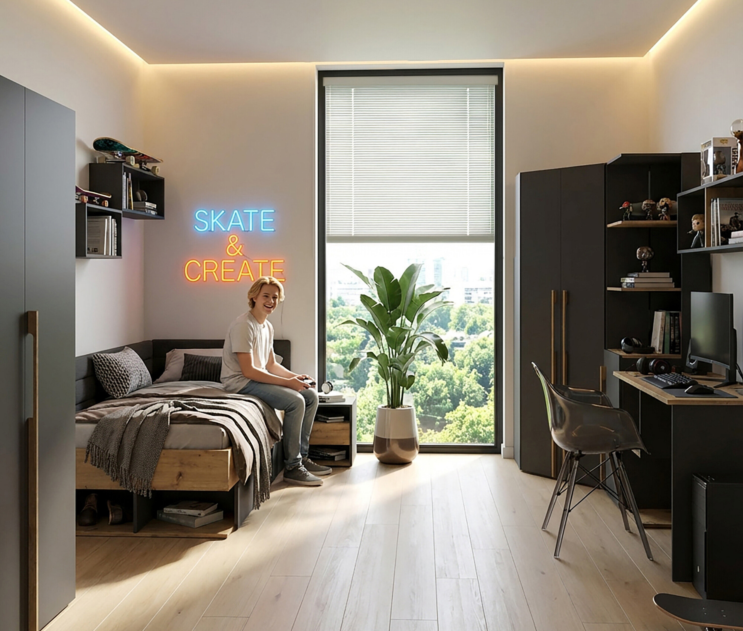 Jugendlicher sitzt auf einem Roba Jugendbett »Marvin«, 90 x 200 cm, in einem Zimmer.