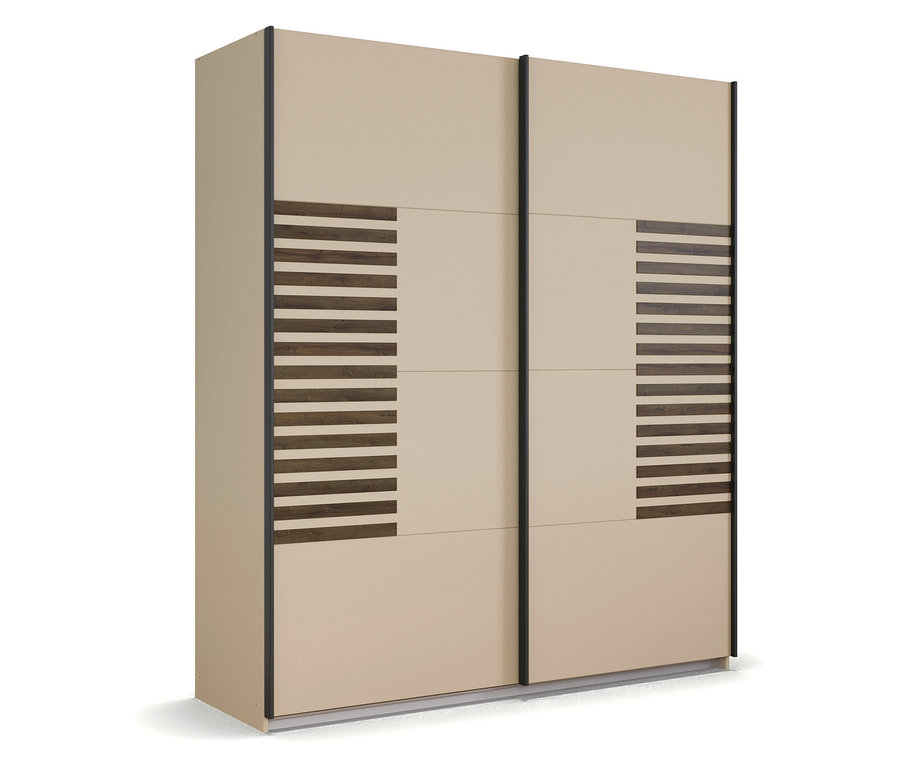 Beiger Schiebetürenschrank mit horizontalen Holzstreifen auf den Außenseiten.