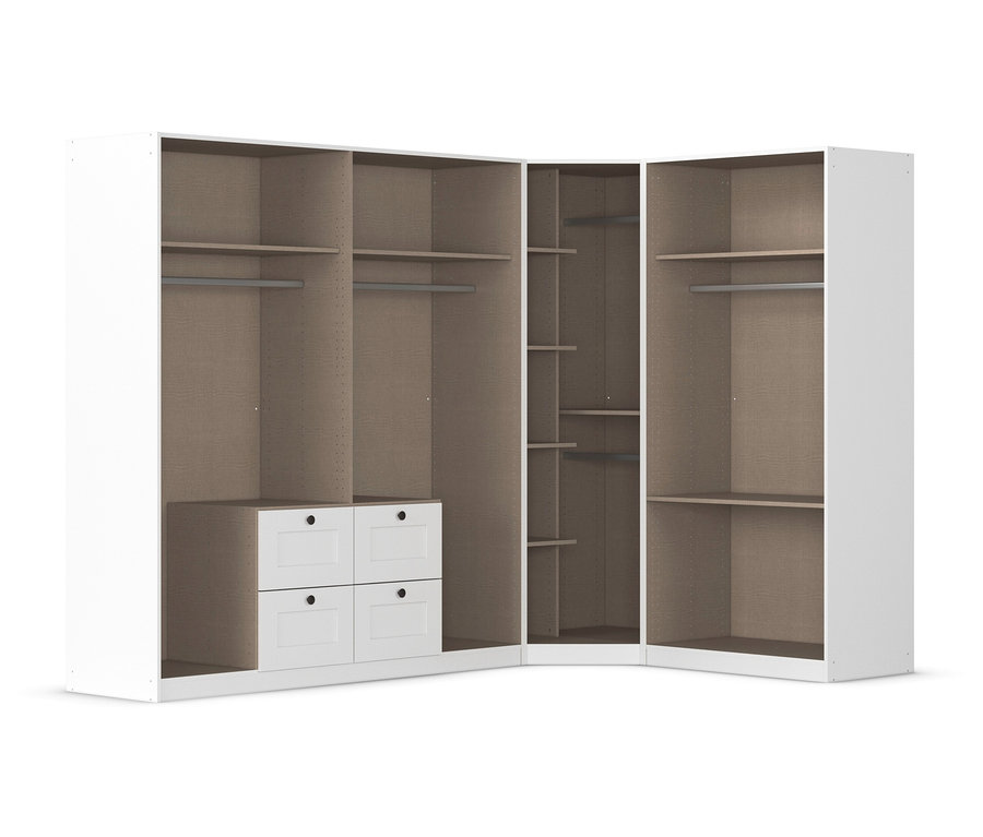 Offener, weißer Eckkleiderschrank mit Regalen, Schubladen und Kleiderstangen.