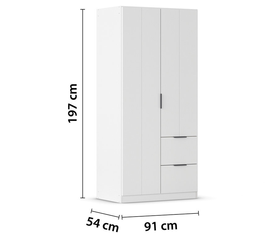 Weißer Kleiderschrank mit zwei Türen und zwei Schubladen, Maße 197 cm hoch, 91 cm breit und 54 cm tief.
