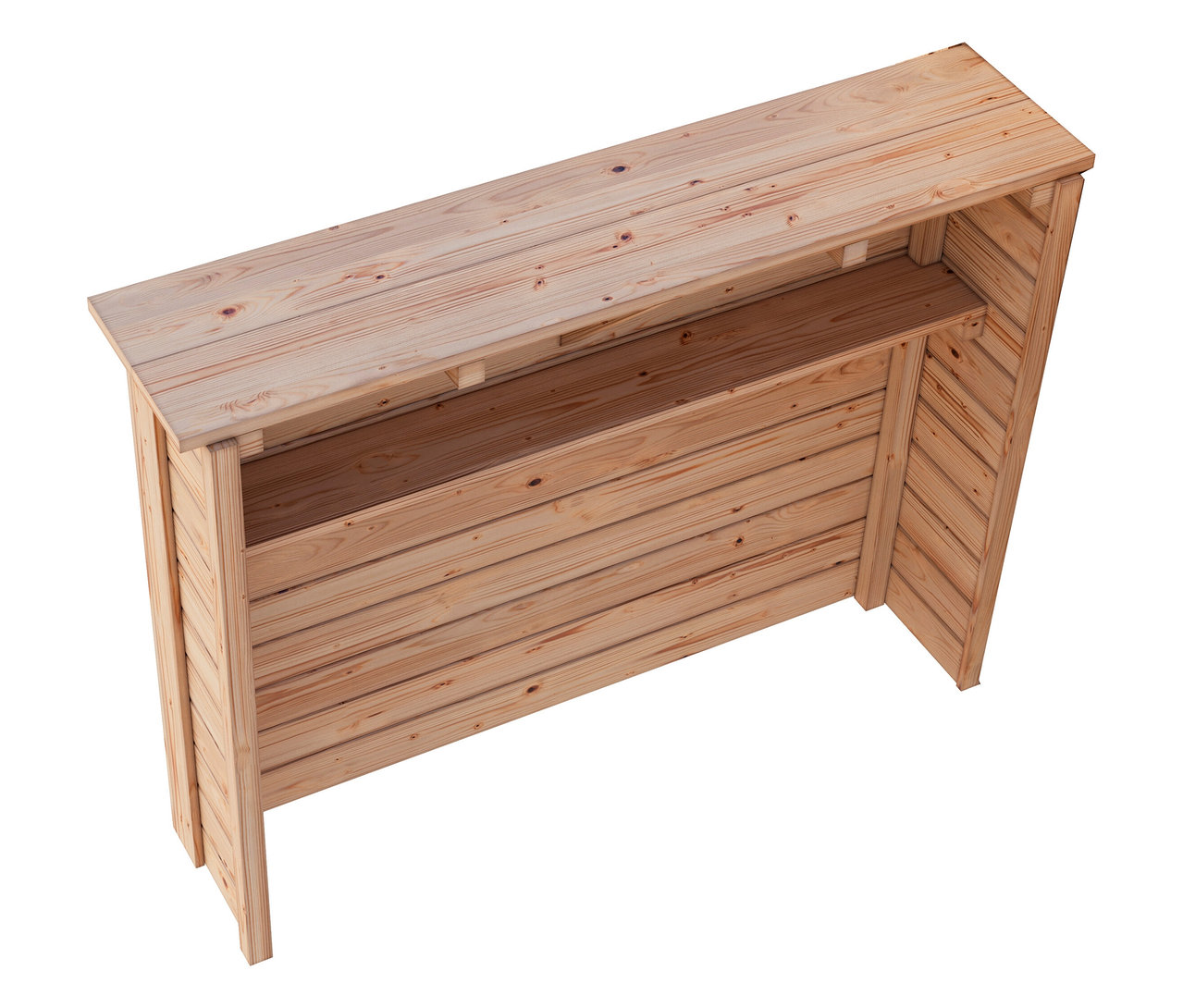 Draufsicht auf Karibu Garten-Bartisch-und-Theke mit 28 mm Wandstärke aus hellem Holz mit Ablagefläche.