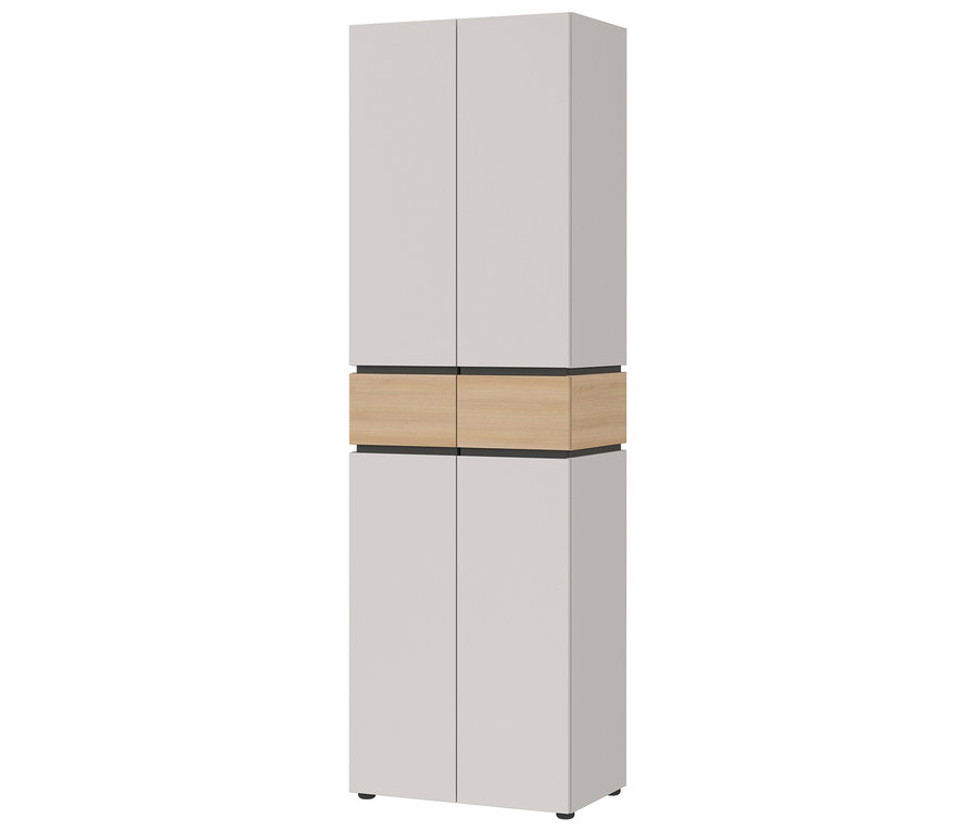 Ein hoher, schmaler Schrank mit vier Türen, oben und unten grau, in der Mitte ein Fach in Holzoptik.