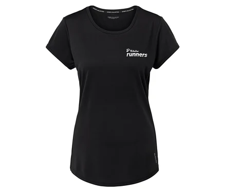 Schwarzes T-Shirt mit "Tchibo runners" Aufdruck und "Sports Collection" Schriftzug am Kragen.