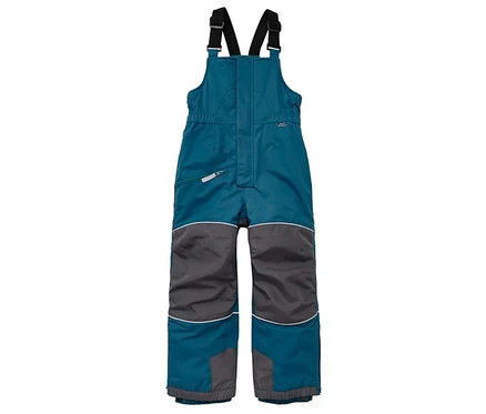 Kinder-Schneelatzhose in Türkis und Dunkelgrau mit schwarzen Trägern und reflektierenden Streifen.