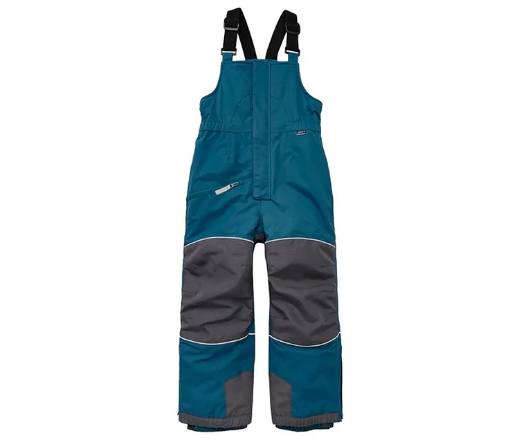 Kinder-Schneelatzhose in Türkis und Dunkelgrau mit schwarzen Trägern und reflektierenden Streifen.
