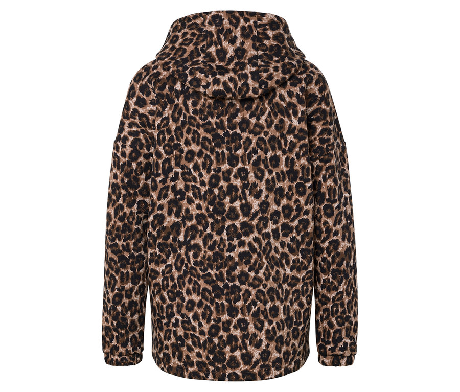 Rückansicht einer Kapuzenjacke mit Leopardenmuster.