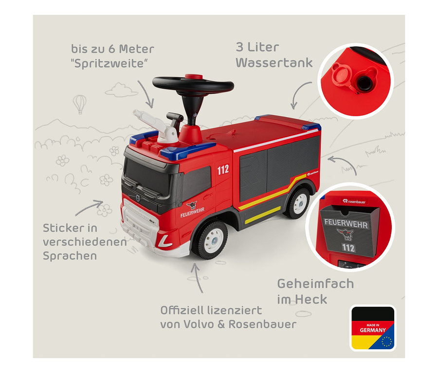 Rotes BIG Rutschauto Feuerwehr mit Blaulicht und "112" Aufschrift.
