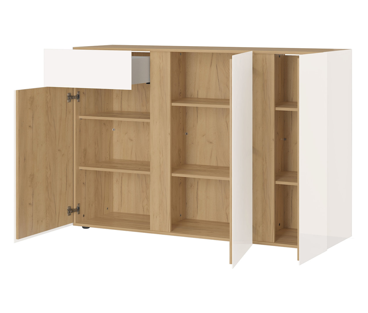 Ein Sideboard mit offenen Regalen, einer Schublade und Schranktüren in Weiß und Holzoptik.