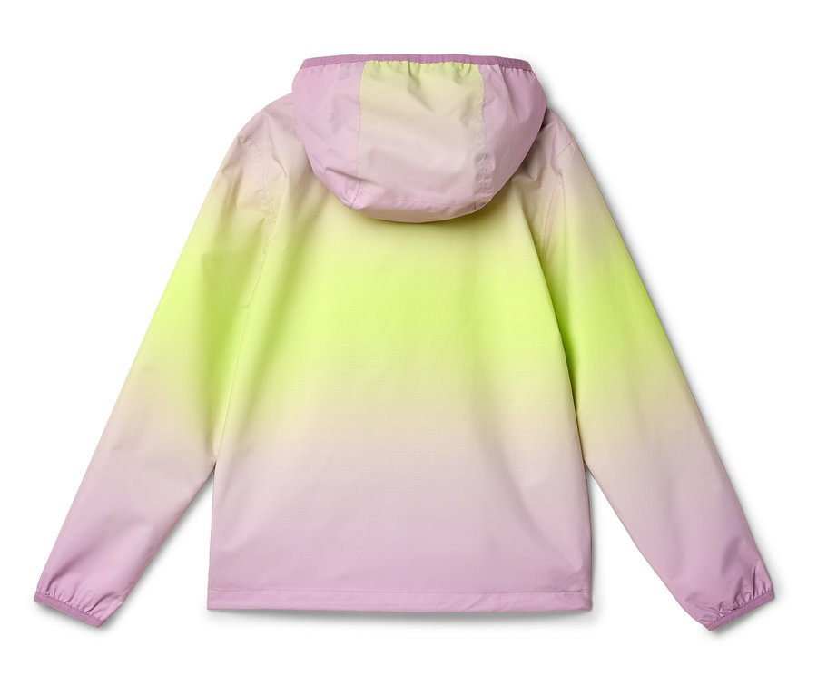 Rückansicht einer Kapuzenjacke mit Farbverlauf von Lila zu Gelb.