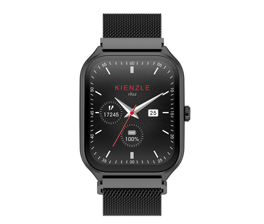 Schwarze Smartwatch mit quadratischem Zifferblatt und schwarzem Mesh-Armband. Das Display zeigt KIENZLE 1822, analoge Zeiger, Datum 25, 17245 Schritte und 100% Akku.