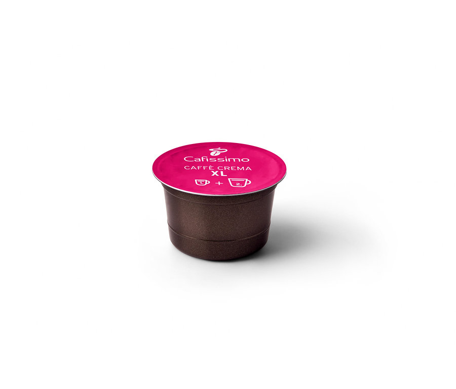 Eine einzelne Caffè Crema Wake Up XL Kapsel mit pinkem Deckel.
