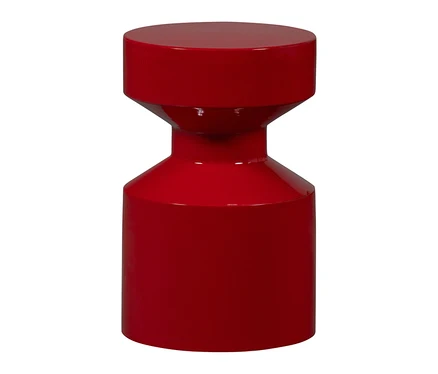 Glänzender, roter Hocker mit zylindrischer Ober- und Unterseite und einer schmaleren Mitte.