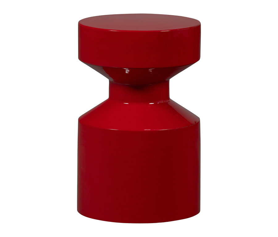 Glänzender, roter Hocker mit zylindrischer Ober- und Unterseite und einer schmaleren Mitte.