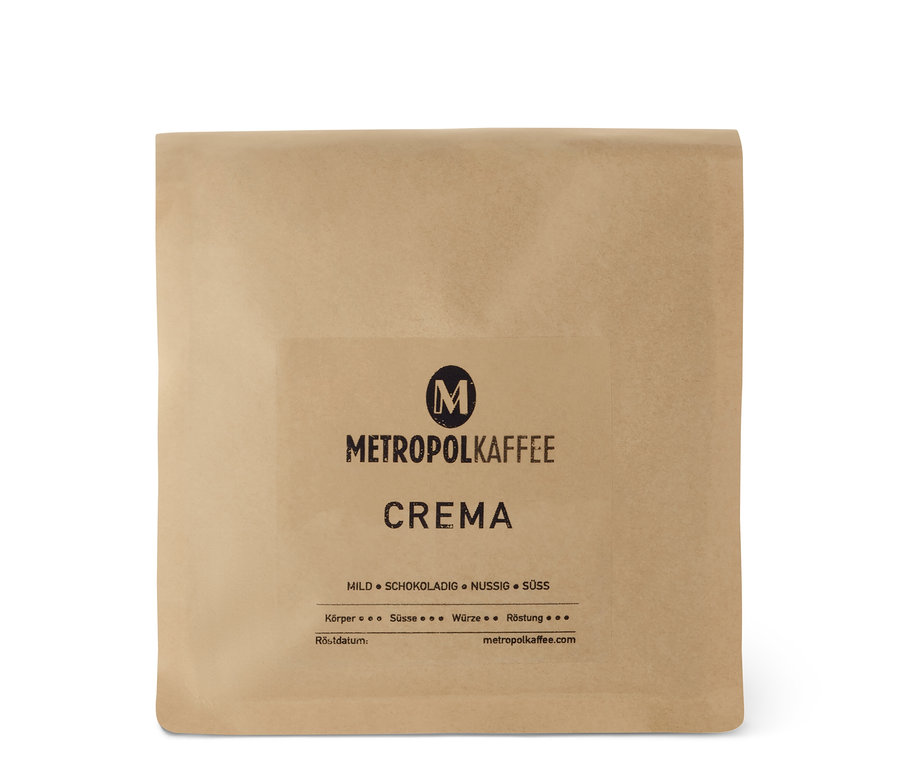 Eine Packung METROPOL KAFFEE - CREMA - 500 g Ganze Bohne. Die Packung ist braun.