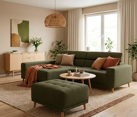 Ein gemütliches Wohnzimmer mit einem grünen Ecksofa, einem passenden Hocker und einem runden Couchtisch aus Holz. Das Sofa ist mit einem orangefarbenen Überwurf und Kissen dekoriert. Links steht ein Holzsideboard mit Blumen und abstrakter Kunst darüber. Ein großes Fenster mit hellen Vorhängen, Topfpflanzen und eine geflochtene Pendelleuchte vervollständigen den Raum, der einen strukturierten Teppich auf Holzboden aufweist.