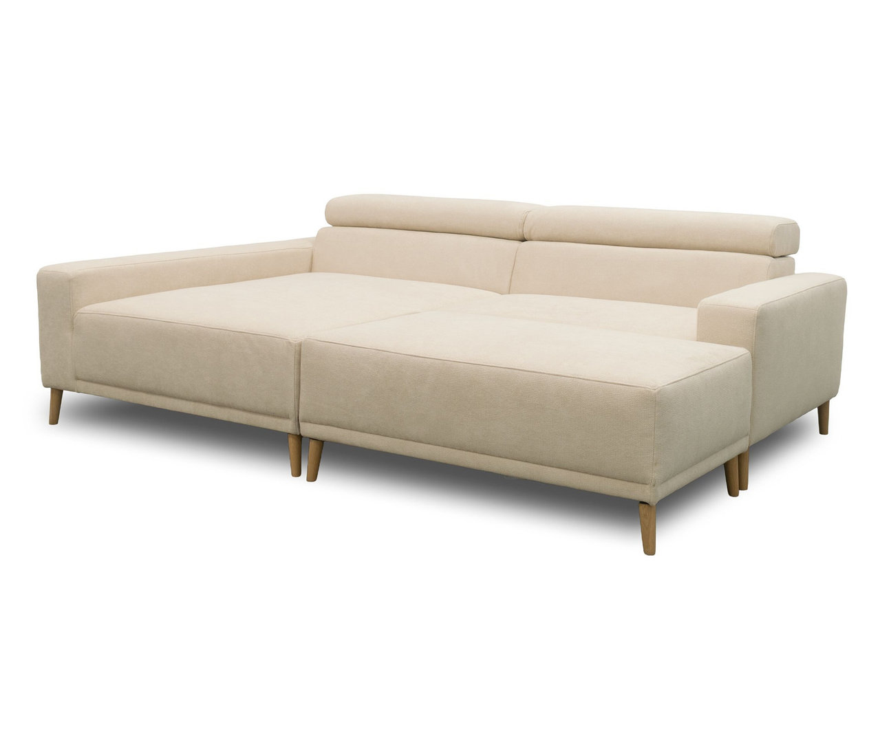 Cremefarbenes DOMO Eck-Schlafsofa "Malmö" mit Holzfüßen und Longchair links.