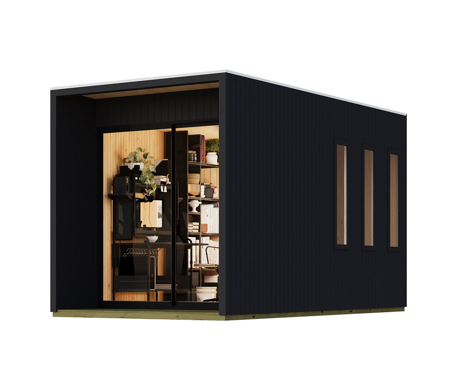 Schwarzes Karibu Homeoffice-Gartenhaus »Valentin« mit vertikaler Verkleidung, großen Glasschiebetüren und drei schmalen Seitenfenstern. Innen sind Holzpaneele, ein Schreibtisch mit Computer und Regale mit Pflanzen sichtbar.