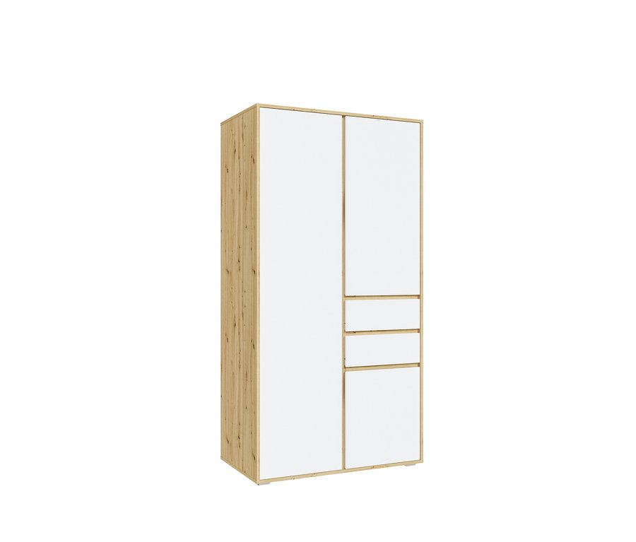 Kleiderschrank in hellem Holzdekor und Weiß, mit einer hohen Tür links und einer Tür, drei Schubladen sowie einer Tür rechts.
