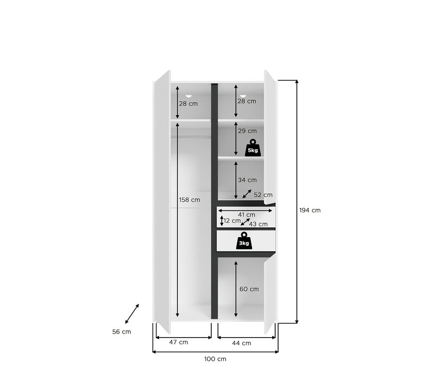 Weißer zweitüriger Kleiderschrank mit Maßen: 194 cm hoch, 100 cm breit, 56 cm tief. Linkes Fach mit Kleiderstange (158 cm hoch, 47 cm breit) und oberer Ablage (28 cm hoch). Rechtes Fach mit oberer Ablage (28 cm hoch), zwei weiteren Ablagen (29 cm hoch, 5 kg Traglast; 34 cm hoch), einer Schublade (12 cm hoch, 41 cm breit, 43 cm tief, 3 kg Traglast) und einem unteren Fach (60 cm hoch). Die Ablagen sind 52 cm tief.