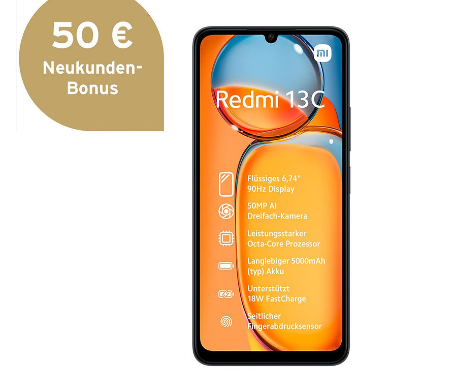 Schwarzes Xiaomi Redmi 13C 128 GB Midnight Black Smartphone mit orangem Hintergrund.
