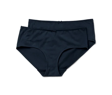 Zwei dunkelblaue Damen-Slips mit Schleife am Bund liegen auf einem weißen Hintergrund.