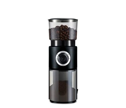 Elektrische Kaffeemühle mit Kaffeebohnen oben und gemahlenem Kaffee unten.