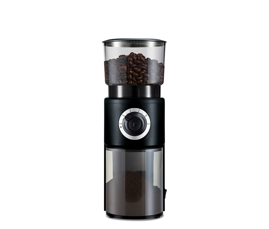 Elektrische Kaffeemühle mit Kaffeebohnen oben und gemahlenem Kaffee unten.