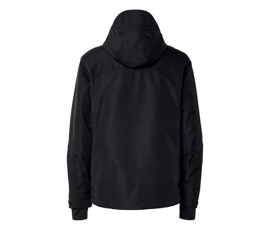Schwarze Jacke mit Kapuze, Rückansicht.